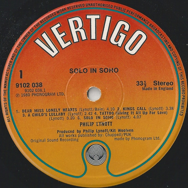 Phil Lynott - Solo In Soho - Vinyl Record VG/VG+ (Pre Loved) - Image 3