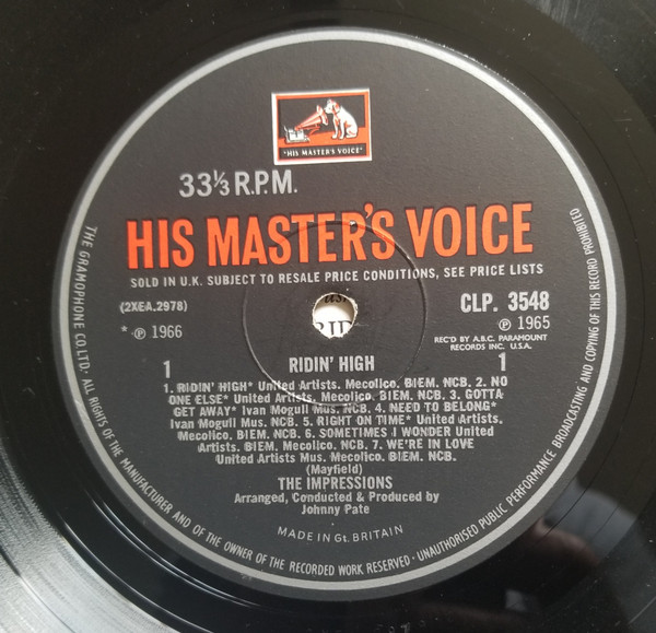 The Impressions - Ridin' High - Vinyl Record VG+/VG+ (Pre Loved) - Image 3
