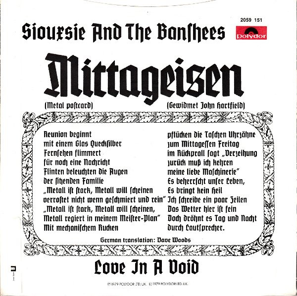 Siouxsie & The Banshees - Mittageisen / Love In A Void - 7 inch Vinyl Record VG+/VG+ (Pre Loved) - Image 2