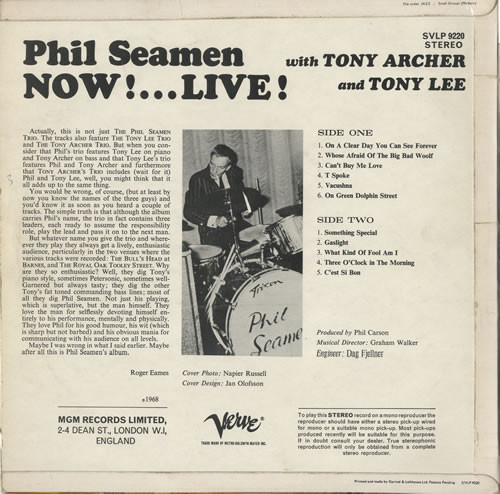 Phil Seamen With Tony Archer And Tony Lee (5) - Now! ... Live! - Vinyl Record VG+/VG+ (Pre Loved) - Image 2