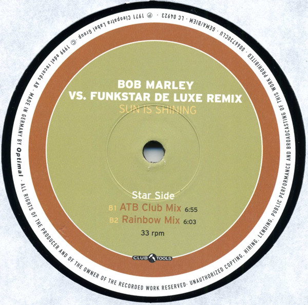 Bob Marley Vs. Funkstar De Luxe - Sun Is Shining (Remix) - Vinyl Record VG+/VG+ (Pre Loved) - Image 4